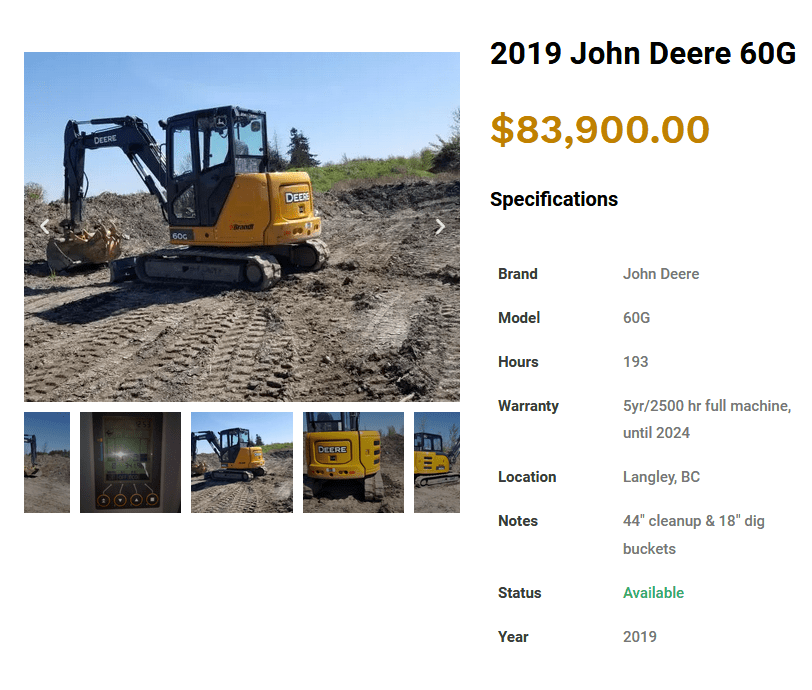 Davernon Equipment LLC online ad for a mini excavator